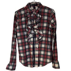 Lauren Ralph Lauren Blouse Christmas Plaid Ruffles Long Sleeve Cotton Size M